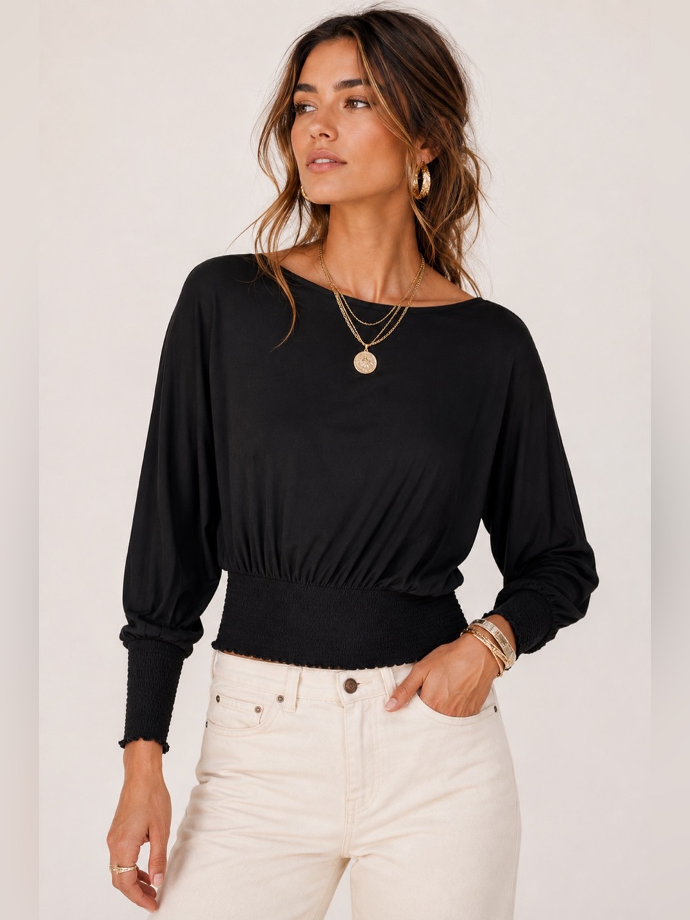 New! Madewell Cinched Long-Sleeve Top Jet Black